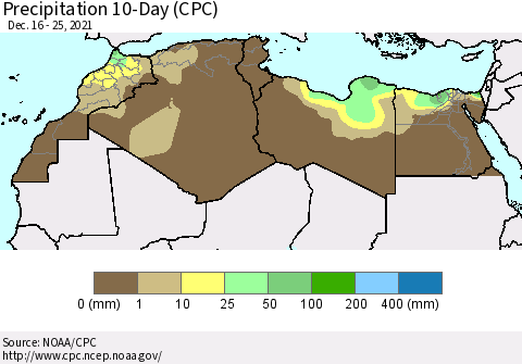 North Africa Precipitation 10-Day (CPC) Thematic Map For 12/16/2021 - 12/25/2021