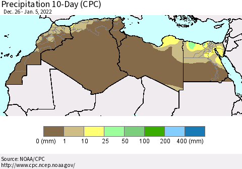 North Africa Precipitation 10-Day (CPC) Thematic Map For 12/26/2021 - 1/5/2022