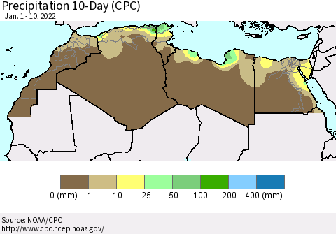 North Africa Precipitation 10-Day (CPC) Thematic Map For 1/1/2022 - 1/10/2022