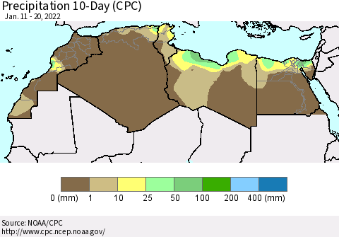 North Africa Precipitation 10-Day (CPC) Thematic Map For 1/11/2022 - 1/20/2022