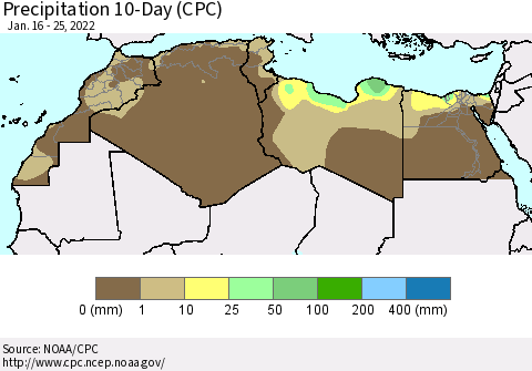 North Africa Precipitation 10-Day (CPC) Thematic Map For 1/16/2022 - 1/25/2022