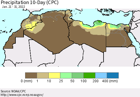 North Africa Precipitation 10-Day (CPC) Thematic Map For 1/21/2022 - 1/31/2022