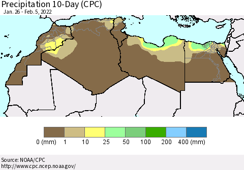 North Africa Precipitation 10-Day (CPC) Thematic Map For 1/26/2022 - 2/5/2022