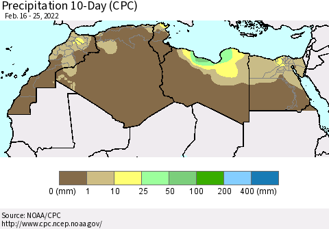 North Africa Precipitation 10-Day (CPC) Thematic Map For 2/16/2022 - 2/25/2022