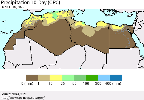 North Africa Precipitation 10-Day (CPC) Thematic Map For 3/1/2022 - 3/10/2022