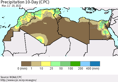 North Africa Precipitation 10-Day (CPC) Thematic Map For 3/11/2022 - 3/20/2022