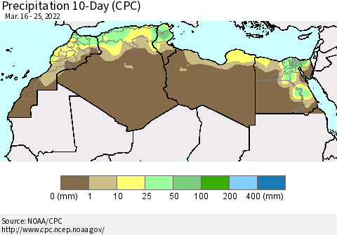 North Africa Precipitation 10-Day (CPC) Thematic Map For 3/16/2022 - 3/25/2022