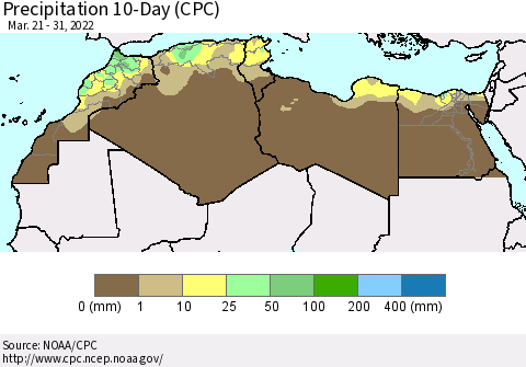 North Africa Precipitation 10-Day (CPC) Thematic Map For 3/21/2022 - 3/31/2022