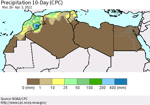 North Africa Precipitation 10-Day (CPC) Thematic Map For 3/26/2022 - 4/5/2022