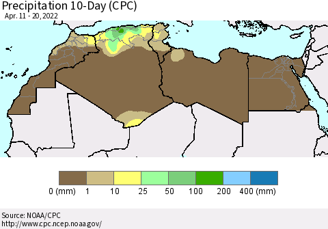 North Africa Precipitation 10-Day (CPC) Thematic Map For 4/11/2022 - 4/20/2022