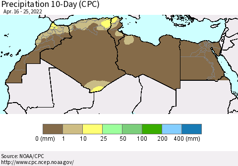 North Africa Precipitation 10-Day (CPC) Thematic Map For 4/16/2022 - 4/25/2022