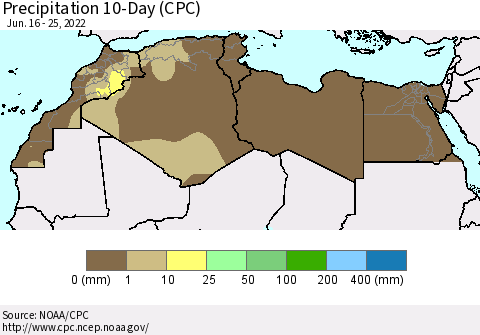 North Africa Precipitation 10-Day (CPC) Thematic Map For 6/16/2022 - 6/25/2022