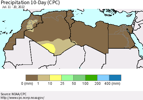 North Africa Precipitation 10-Day (CPC) Thematic Map For 7/11/2022 - 7/20/2022