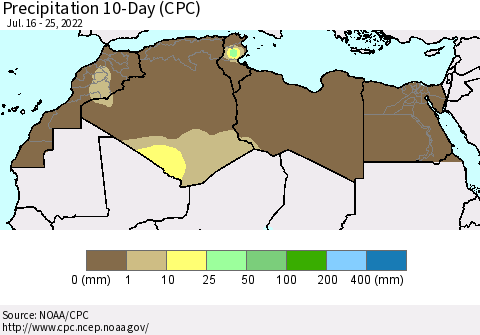 North Africa Precipitation 10-Day (CPC) Thematic Map For 7/16/2022 - 7/25/2022