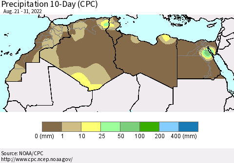 North Africa Precipitation 10-Day (CPC) Thematic Map For 8/21/2022 - 8/31/2022