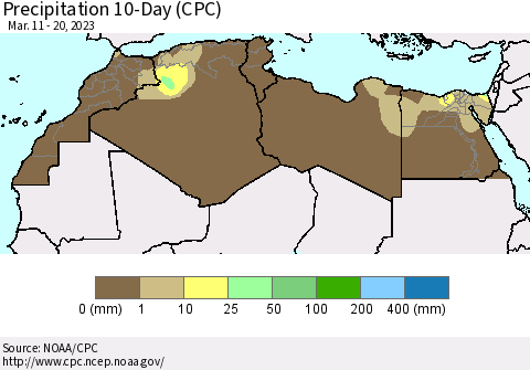 North Africa Precipitation 10-Day (CPC) Thematic Map For 3/11/2023 - 3/20/2023