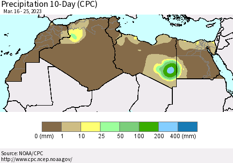 North Africa Precipitation 10-Day (CPC) Thematic Map For 3/16/2023 - 3/25/2023