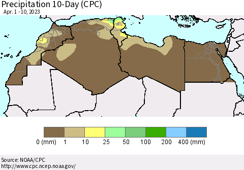 North Africa Precipitation 10-Day (CPC) Thematic Map For 4/1/2023 - 4/10/2023