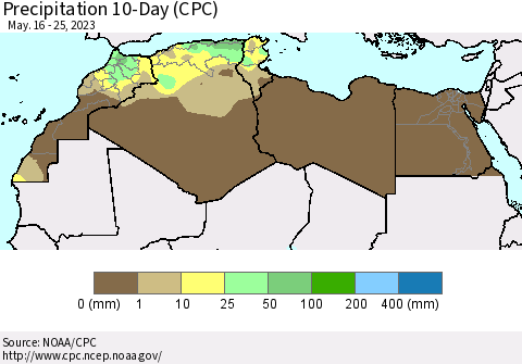 North Africa Precipitation 10-Day (CPC) Thematic Map For 5/16/2023 - 5/25/2023