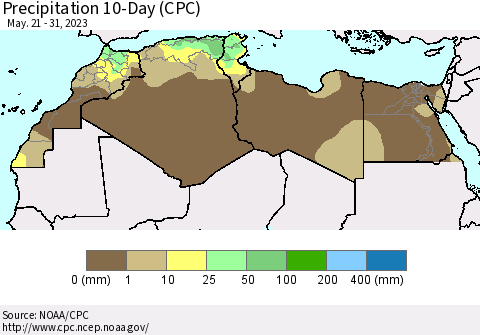 North Africa Precipitation 10-Day (CPC) Thematic Map For 5/21/2023 - 5/31/2023