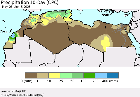 North Africa Precipitation 10-Day (CPC) Thematic Map For 5/26/2023 - 6/5/2023