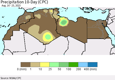 North Africa Precipitation 10-Day (CPC) Thematic Map For 8/16/2023 - 8/25/2023