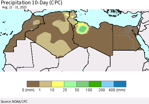 North Africa Precipitation 10-Day (CPC) Thematic Map For 8/21/2023 - 8/31/2023