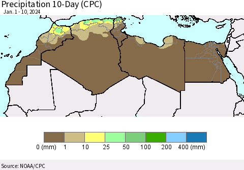 North Africa Precipitation 10-Day (CPC) Thematic Map For 1/1/2024 - 1/10/2024