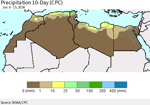 North Africa Precipitation 10-Day (CPC) Thematic Map For 1/6/2024 - 1/15/2024