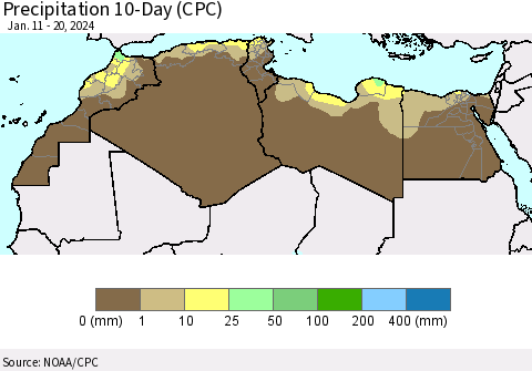 North Africa Precipitation 10-Day (CPC) Thematic Map For 1/11/2024 - 1/20/2024