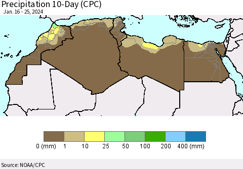 North Africa Precipitation 10-Day (CPC) Thematic Map For 1/16/2024 - 1/25/2024