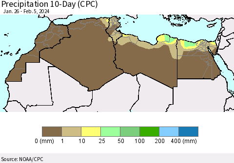 North Africa Precipitation 10-Day (CPC) Thematic Map For 1/26/2024 - 2/5/2024