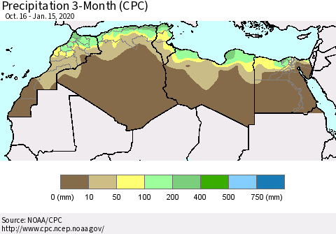 North Africa Precipitation 3-Month (CPC) Thematic Map For 10/16/2019 - 1/15/2020