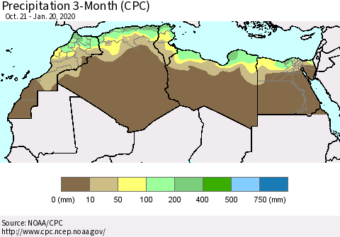North Africa Precipitation 3-Month (CPC) Thematic Map For 10/21/2019 - 1/20/2020