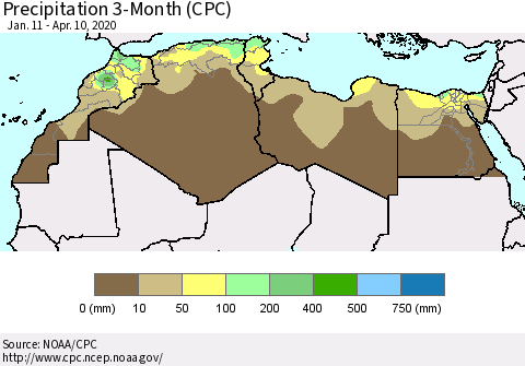 North Africa Precipitation 3-Month (CPC) Thematic Map For 1/11/2020 - 4/10/2020
