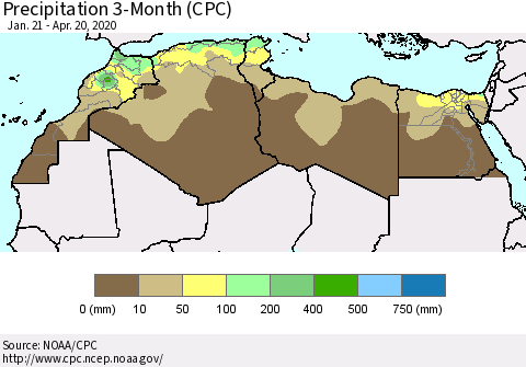 North Africa Precipitation 3-Month (CPC) Thematic Map For 1/21/2020 - 4/20/2020
