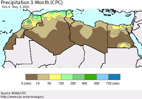 North Africa Precipitation 3-Month (CPC) Thematic Map For 2/6/2020 - 5/5/2020