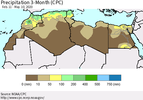 North Africa Precipitation 3-Month (CPC) Thematic Map For 2/11/2020 - 5/10/2020