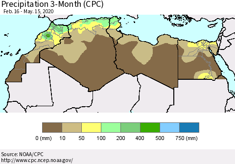 North Africa Precipitation 3-Month (CPC) Thematic Map For 2/16/2020 - 5/15/2020