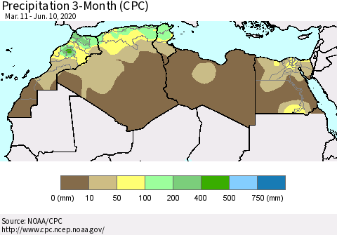 North Africa Precipitation 3-Month (CPC) Thematic Map For 3/11/2020 - 6/10/2020