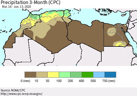 North Africa Precipitation 3-Month (CPC) Thematic Map For 3/16/2020 - 6/15/2020