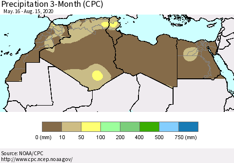 North Africa Precipitation 3-Month (CPC) Thematic Map For 5/16/2020 - 8/15/2020