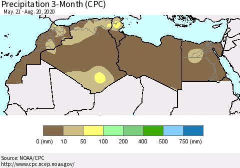 North Africa Precipitation 3-Month (CPC) Thematic Map For 5/21/2020 - 8/20/2020