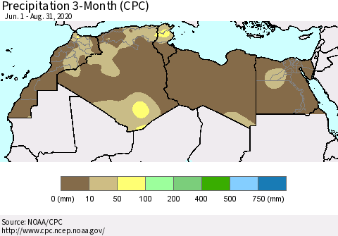 North Africa Precipitation 3-Month (CPC) Thematic Map For 6/1/2020 - 8/31/2020