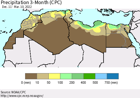 North Africa Precipitation 3-Month (CPC) Thematic Map For 12/11/2021 - 3/10/2022