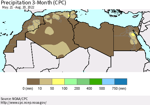 North Africa Precipitation 3-Month (CPC) Thematic Map For 5/21/2022 - 8/20/2022