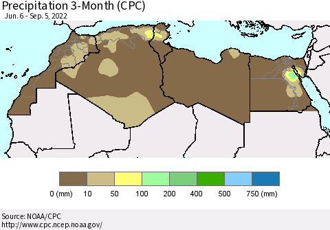 North Africa Precipitation 3-Month (CPC) Thematic Map For 6/6/2022 - 9/5/2022