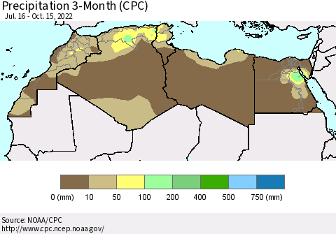 North Africa Precipitation 3-Month (CPC) Thematic Map For 7/16/2022 - 10/15/2022