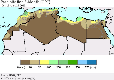 North Africa Precipitation 3-Month (CPC) Thematic Map For 10/16/2022 - 1/15/2023