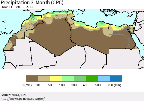 North Africa Precipitation 3-Month (CPC) Thematic Map For 11/11/2022 - 2/10/2023